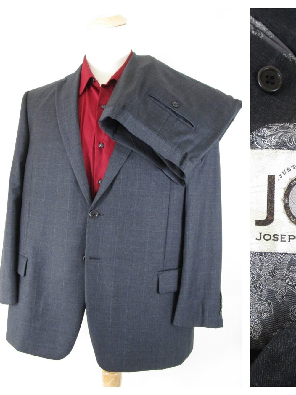 Joseph Abboud JOE Mens Gray Check Two Button Wool Suit Size 44S Pants 38 X 29